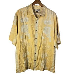 Tommy Bahama 100% Silk Yellow Gray Floral Short Sleeve Button Shirt Sz L